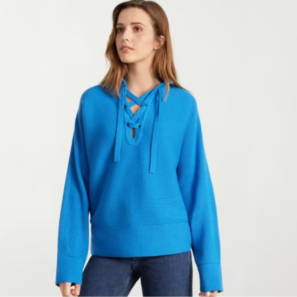 Everlane size XL women’s cotton/ wool lace front aqua blue smock sweater EUC!